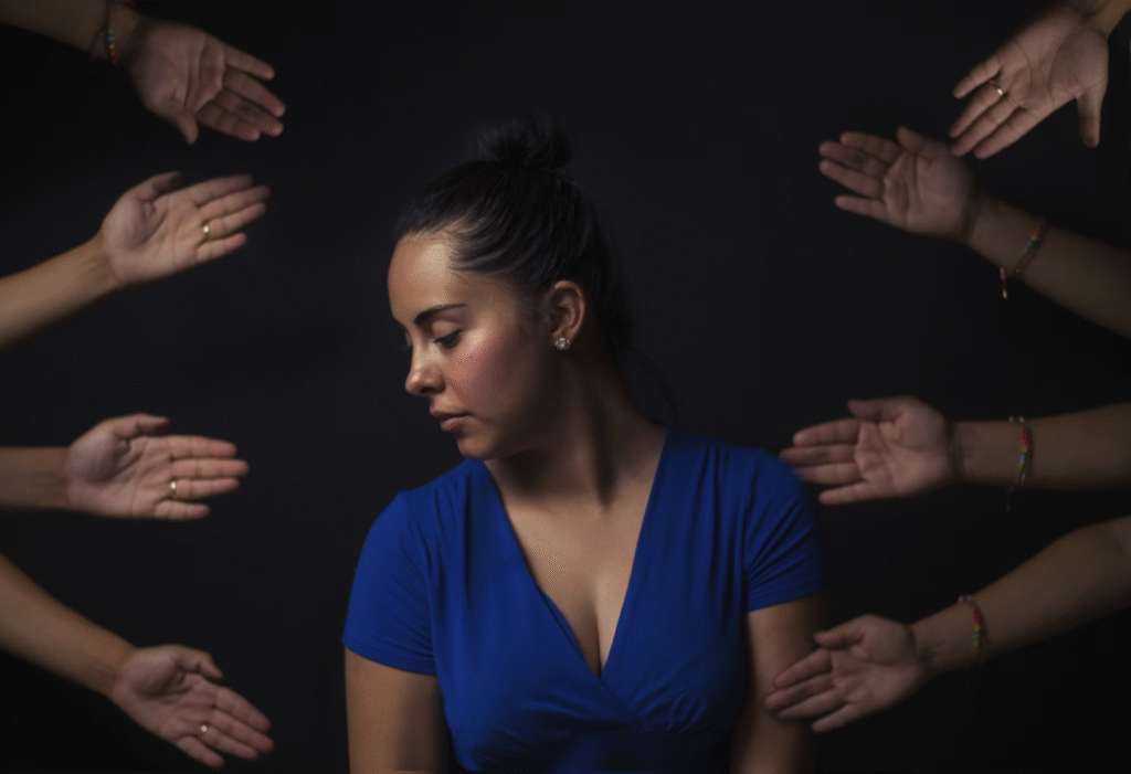 femme en haut bleu au milieu de pleins de mains pointant vers elle